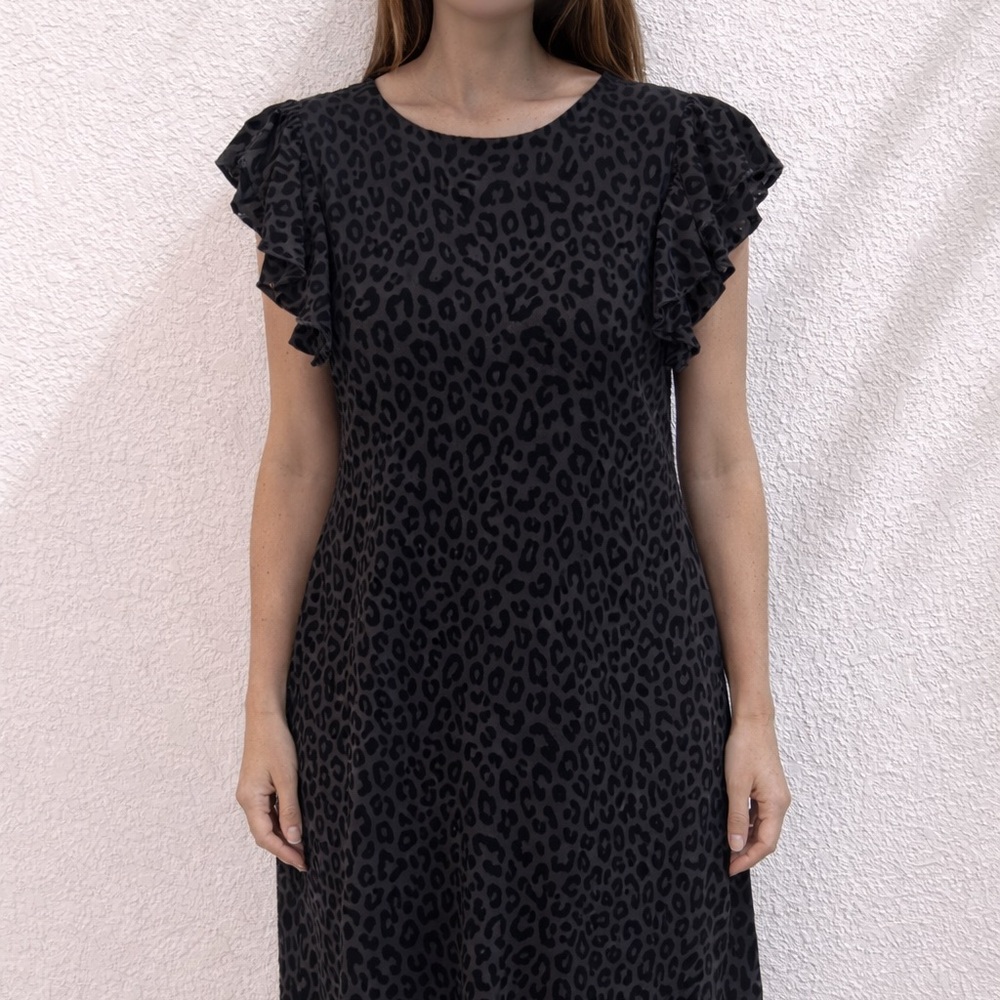 Black Leopard Print Ruffle Sleeve Women's Dress